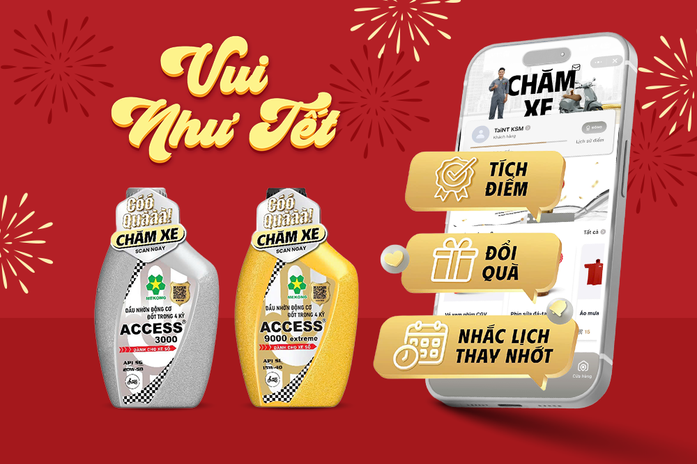 Các dòng sản phẩm dầu nhớt xe máy Mekong được giới thiệu tại gian hàng Chăm Xe