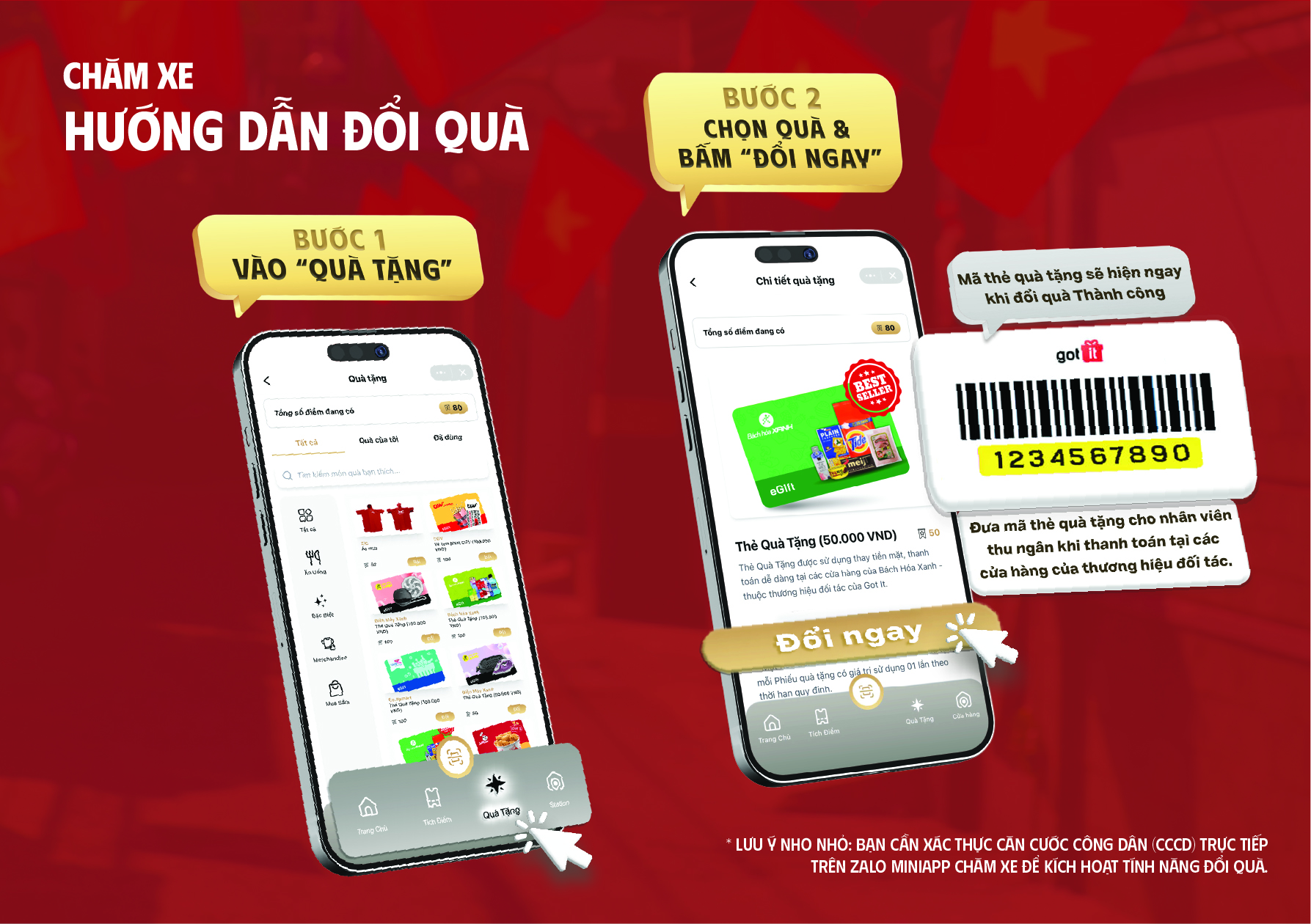 Đổi quà trên Zalo Mini App Chăm Xe