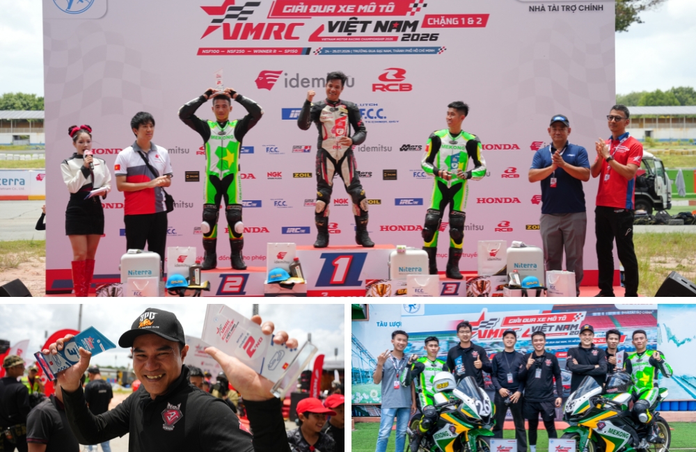 Ban huấn luyện cùng hai tay đua NTV – No.1 Factory Racing rạng rỡ với thành tích kép trên bục trao giải.
